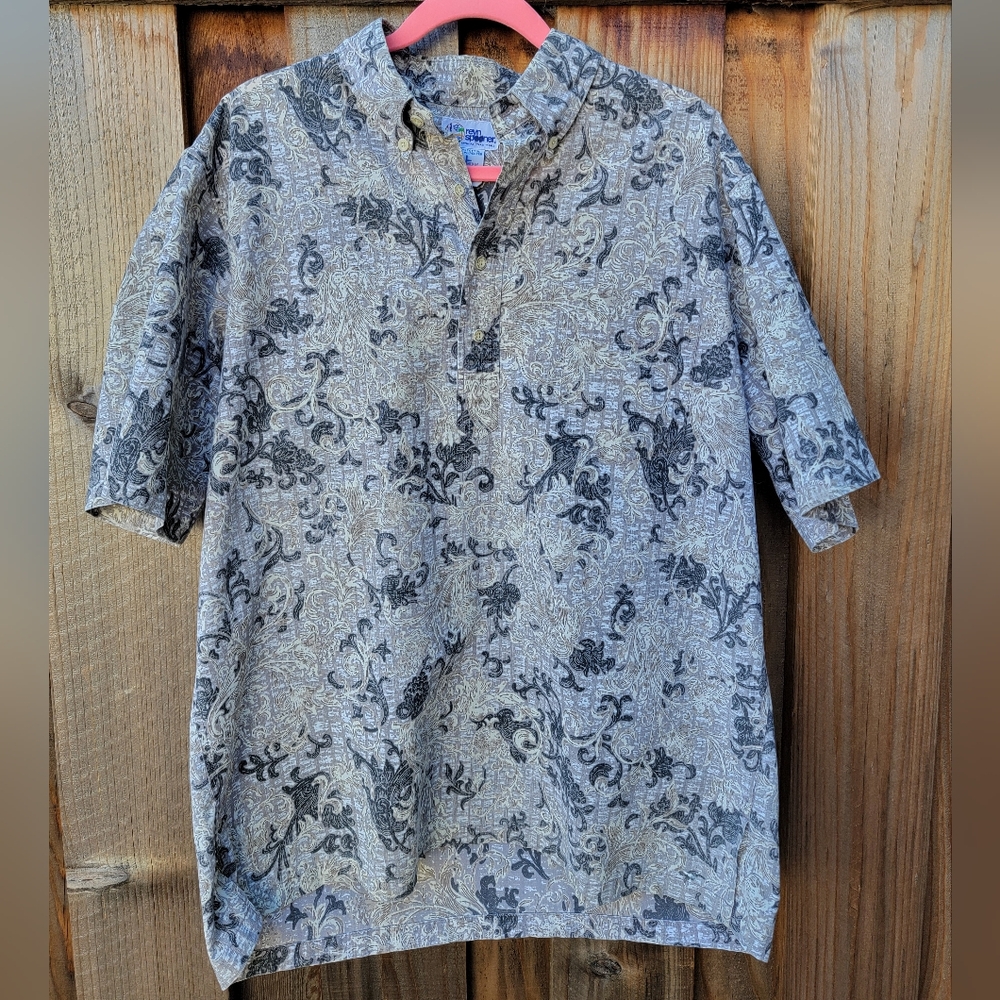 VINTAGE Reyn Spooner L  Hawaiian  PULLOVER Aloha Shirt  Grey Pocket